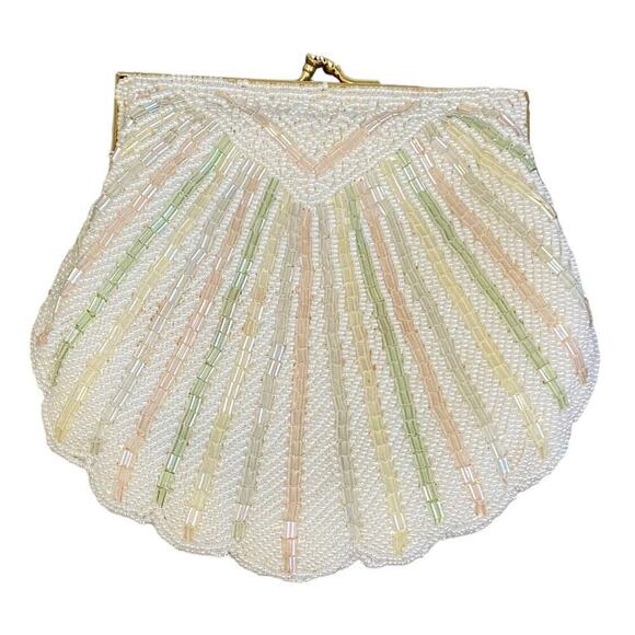 Antique Vintage 1950s Pearl Beaded Seashell Fancy Gold Chain Clutch Purse - Picture 3 of 11